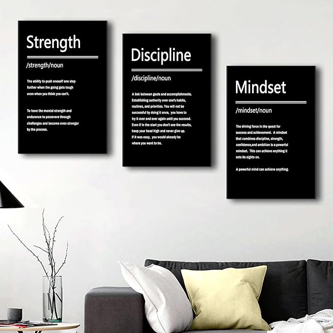 Motivational Poster Strength Discipline Mindset Inspirational Wall Art 3 Pieces Canvas Print Office Wall Decor Inspiring Affirmation Quotes for Living Room Gym Stretched and Framed [48''Wx 24''H]