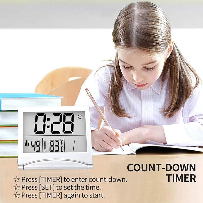 Betus Digital Travel Alarm Clock - Foldable Calendar Temperature Timer LCD Clock with Snooze Mode - Large Number Display, Battery Operated - Compact Desk Clock for All Ages (Silver Pack of 2)