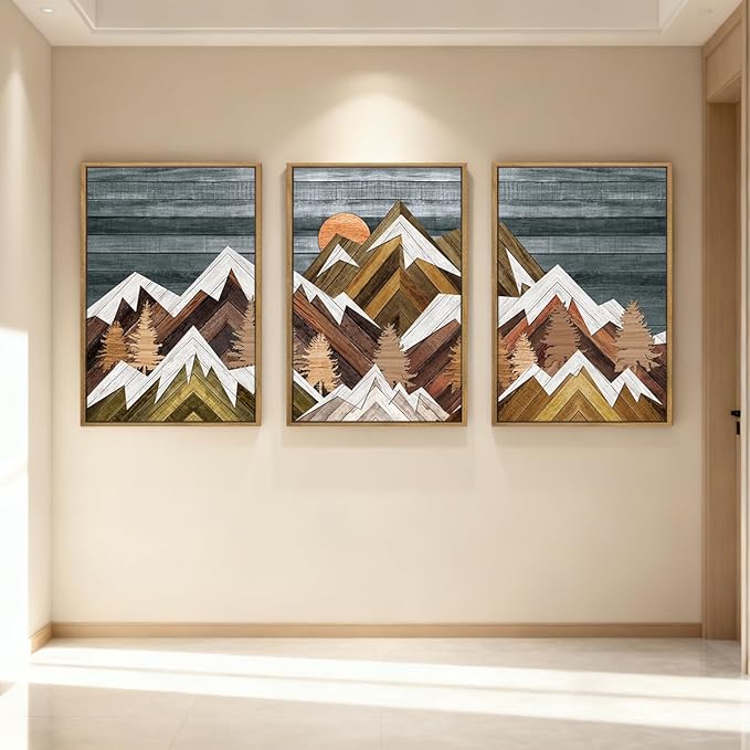 BINCUE Large Rustic Mountain Canvas Wall Picture,Boho Mountain Framed Wall Art,Vintage Landscape Artwork Nature Woodcut,Beige Sunrise Forest Art Prints for Office Living Room Bedroom 16''x24'' Set of 3