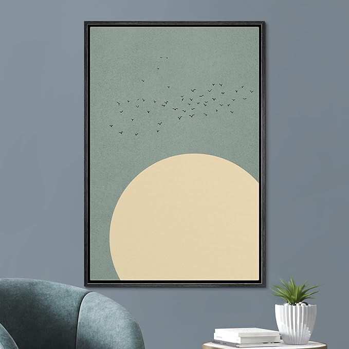 SIGNFORD Framed Canvas Print Wall Art Large Tan Sun Under Flock of Birds Abstract Wilderness Digital Art Modern Art Southwest Colorful for Living Room, Bedroom, Office - 16"x24" Black