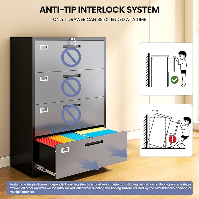 4 Drawer File Cabinet, Locking Lateral Filing Cabinet for Home Office, File Cabinets with Business Card Holder for Letter/Legal/F4/A4 Hanging Files