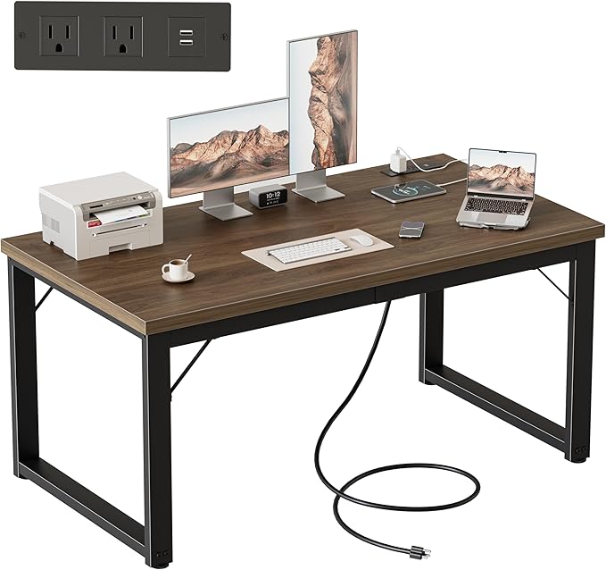Mericonia 48 Inch Computer Desk with Power Outlets, 1.2" Thick Heavy Duty Industrial Office Desk, Modern Simple Study Writing Table for Home Bedroom Workstation, Walnut