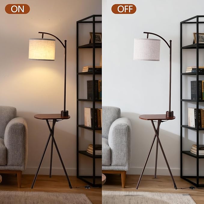 Floor Lamp with Oval Side Table, 3 Color Temperature 9W LED Bulb, Remote and Foot Switch Control, USB A and C Ports, Dual AC Outlets, 1-Hour Timer, Modern Lamp for Living, Bedroom, Brown