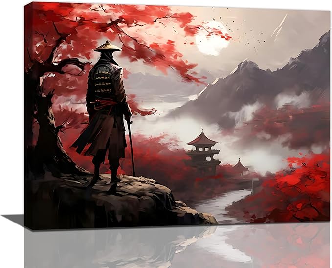 yerretin Japanese Bushido Wall Art Samurai Pictures Wall Decor Ancient Japan Warrior Canvas Landscape Painting Home Decoration Artwork for Bathroom Bedroom Living Room Office Framed 16"x12"