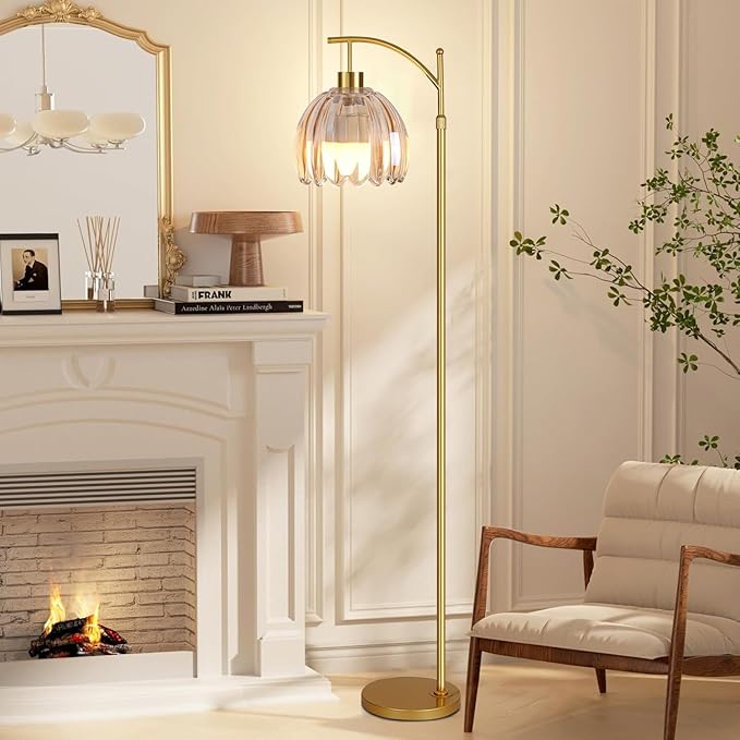 Glass Floor Lamp for Living Room,Bedroom,Gold Dimmable Standing Lamp with Remote,Mid Century Modern Brass Tall Lamp Boho Floor Lamps Arc Stained Flower Floor Light Lamp Girls Bohemian