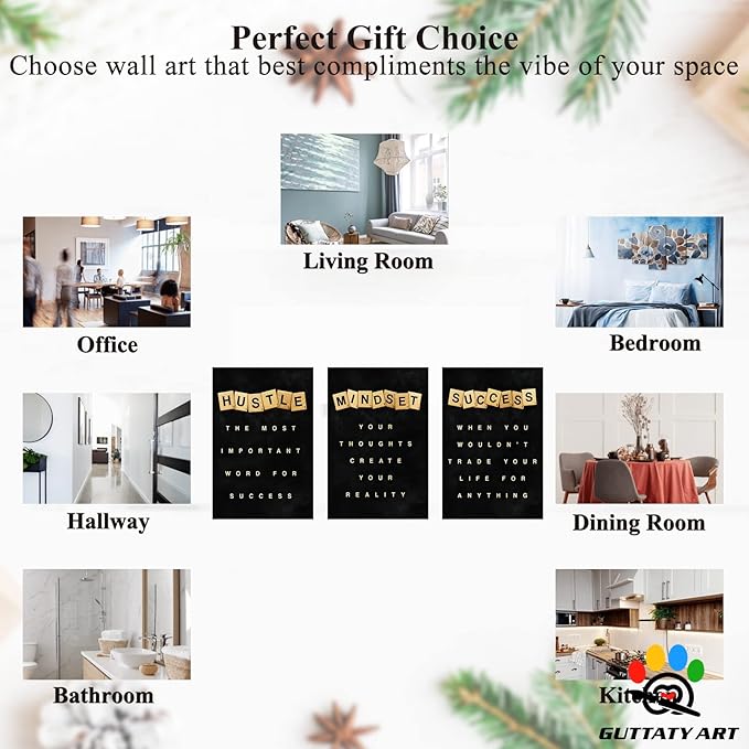 Office Wall Art - 3 Panel Motivational Canvas With Inspirational Quotes for Home and Company Decor, Positive Entrepreneur Words Poster Frame 12"x18"x3Pcs