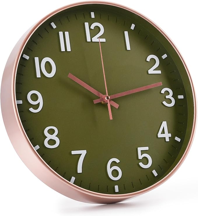 Wall Clock 12Inch Olive Green Modern Simple Quartz Decorative Clock Non-Ticking Silent Battery Operated Round Wall Clocks Trendy and Practical Best Gift for Living Room Bedroom Kitchen Office