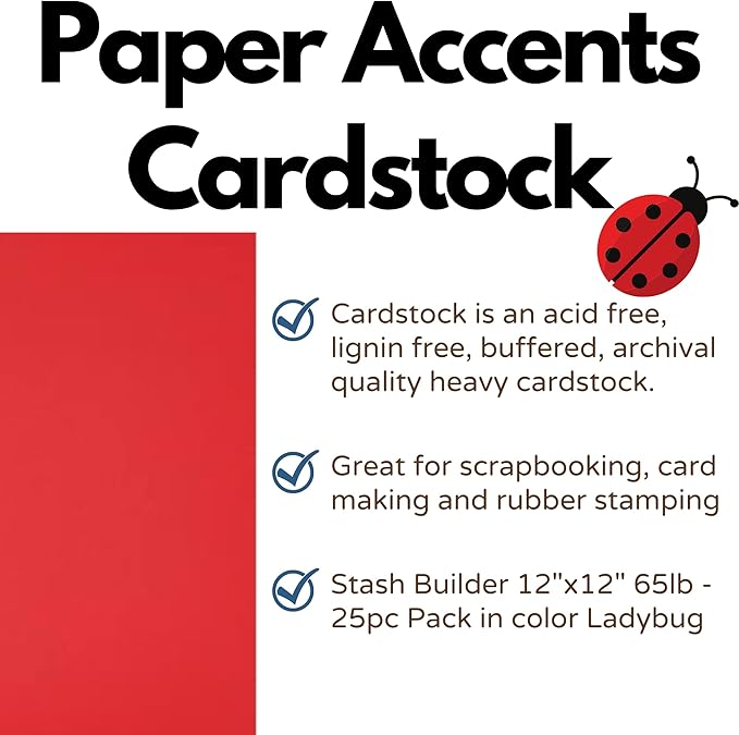PA Paper Accents Smooth Cardstock 12” x 12” Ladybug, 65lb colored cardstock paper for card making, scrapbooking, printing, quilling and crafts, 25 piece pack