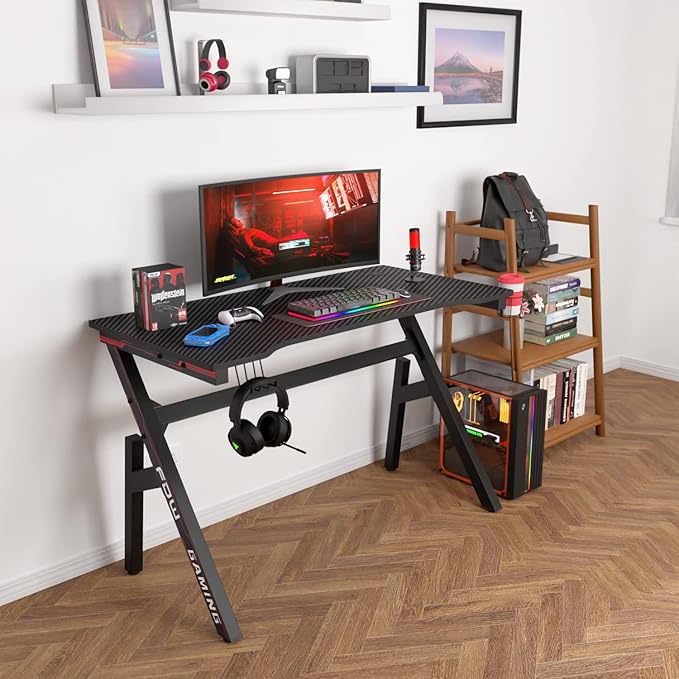 BestOffice | 47" Gaming Desk | Red | Carbon Fiber Textured Computer Desk | Sturdy Steel Frame, Cup Holder, Headphone Hook, Cable Management Holes, Adjustable Leg Pads | for Gamers, Home, Office