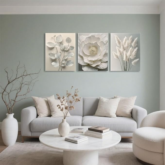 TUEASKY 3 Piece Canvas Wall Art Floral Wall Decor Neutral Pictures Flower Art Prints Botanical Paintings Beige Artwork For Bedroom Living Room