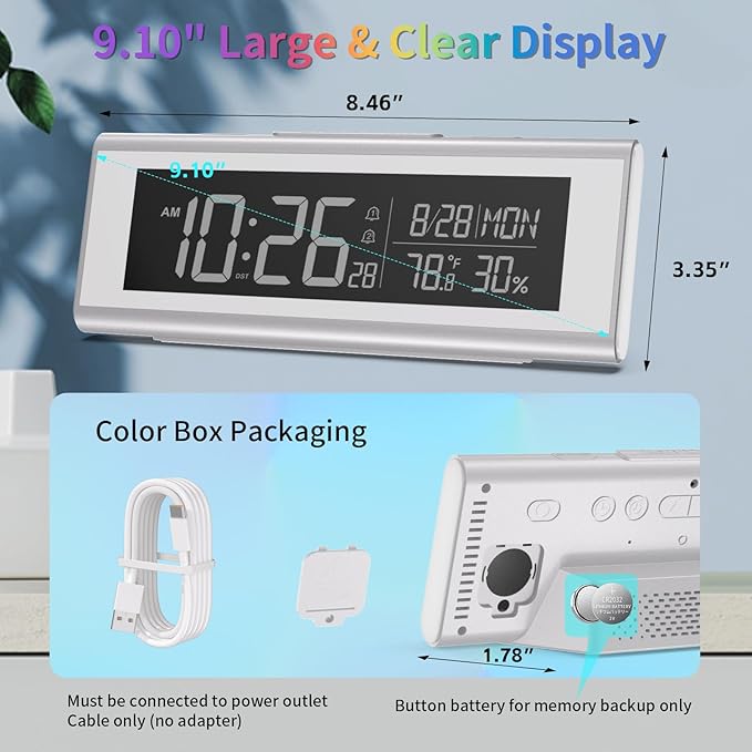 Alarm Clocks for Bedrooms, LED Desk Clock with RGB Night Light, Brightness Dimmer, Date, Week, Temperature Large Display, Modern Decor for Desk, Office, Gift for Kids, Teen, Adults (Silver)