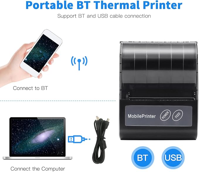 Portable BT 80mm Thermal Receipt Printer Mini Bill POS Mobile Printer with Reable Battery Port ESC/POS Compatible with Android iOS Windows for Restaurant ermarket Kitchen Office