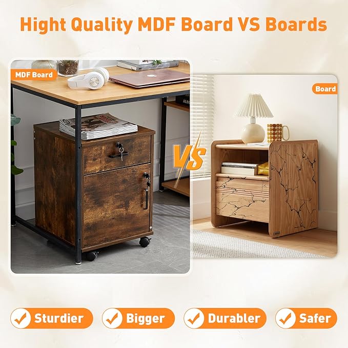 Mobile 2 Drawer File Cabinet with Lock, Wooden Under Desk Filing Cabinet with Wheels, Small Rolling Storage Cabinet for Home Office Organizer A4/Letter Size/Legal, Rustic Brown