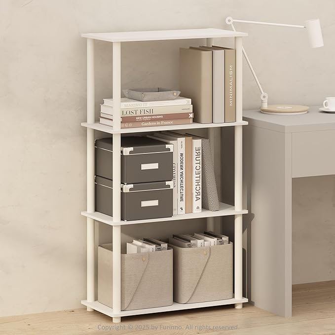 Furinno Turn-N-Tube Book Shelf, 4-Tier Bookshelf, Bookcase with Multipurpose Compact Display Rack, 11.6 x 23.6 x 43.2, for Living Room, Bedroom, Home Office, White/White