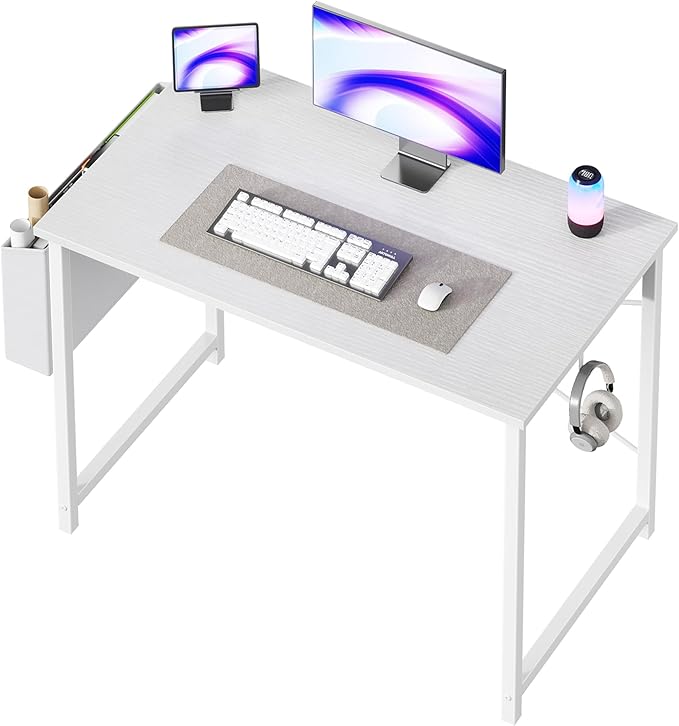 OLIXIS Computer Desk 40 Inch Home Office Desks for Small Spaces, Gaming Writing Study Work Table with Storage Bag and Headphone Hook for Bedroom, White