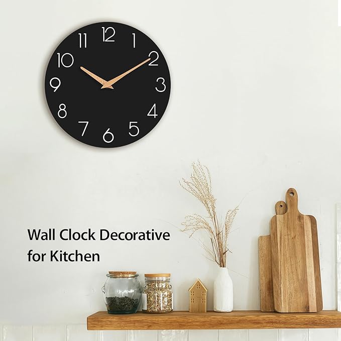 Wall Clock, 10 Inch Wooden Silent Non-Ticking, Decorative Battery Operated Wall Clocks for Bedroom, Kitchen, Home, Living Room, Office, School, Hotel (Black)