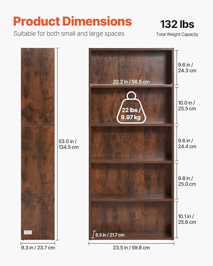 VEVOR 5 Tiers Narrow Bookshelf, 53 in Wooden Open Bookcase with Height-Adjustable Shelf, Freestanding Tall Display Storage Floor Bookcase Bookshelf for Library, Bedroom, Living Room, Office, Brown