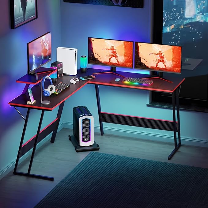Home Office Desk 50 Inches, Corner Computer Desk, L Shape Desk, Gaming Desk with Large Monitor Stand and Carbon Fiber Surface, Home Office Study Writing Workstation, Black