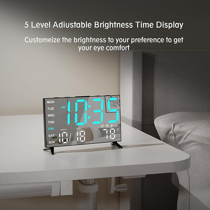 Mirror Digital Loud Alarm Clock,Indoor Temperature,USB Charging Port,Dimmer,Dual Alarms,Adjustable Volum,12/24H,Snooze,Perfect for Bedroom and Living Room (Black+Ice Blue Digit)