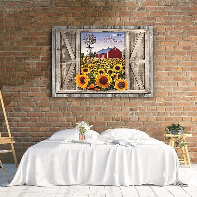 Parylore Sunflower Wall Art Canvas Print Rustic Wall Decor Sunflower Field Red Barn And Windmill Painting Framed Modern Artwork for Living Room Bedroom Bathroom Office Home Decor 12x16 In