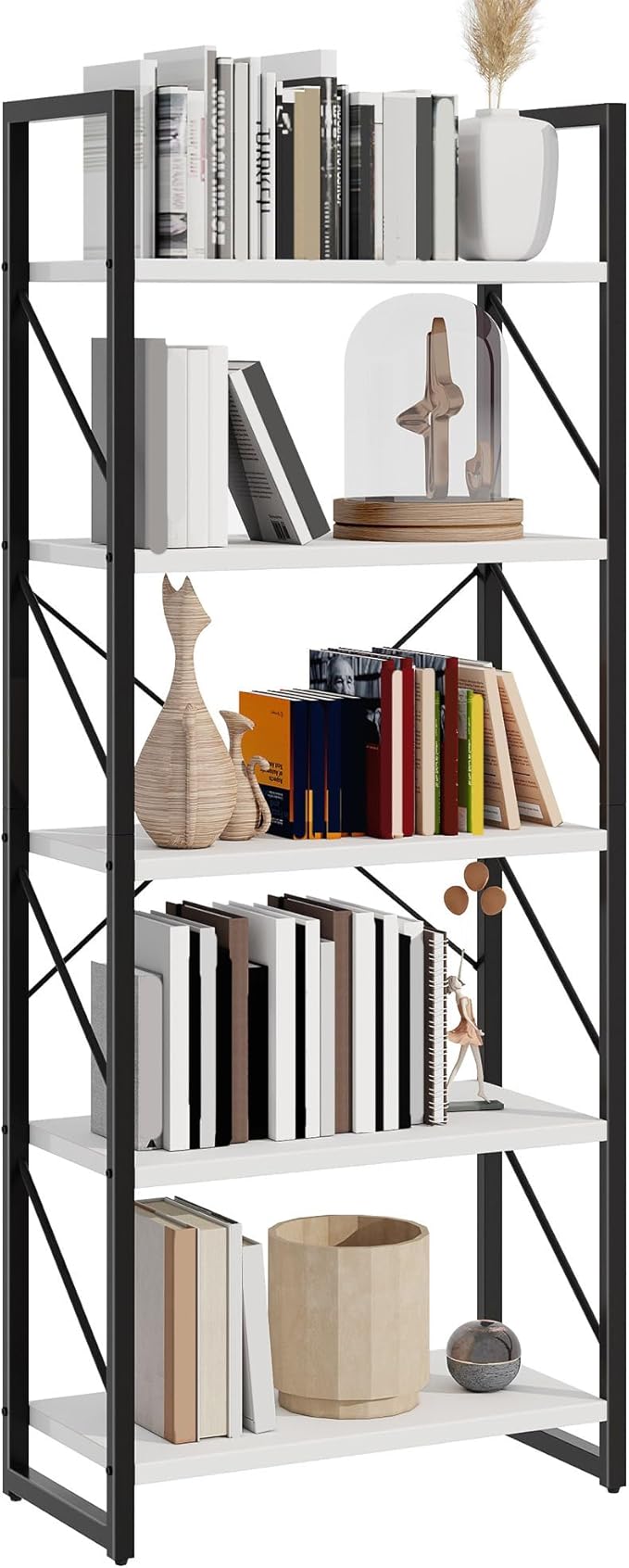 DWVO 5 Tier Bookshelf, White Bookase Storage Organizer, Modern Book Shelf Storage Rack Shelves for Bedroom, Living Room, Home Office, White