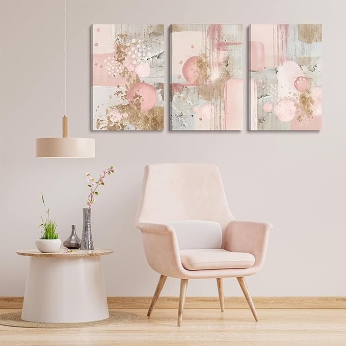3Pcs Framed Pink and Gold Canvas Wall Art Abstract Posters Print Geometric Pictures Decor for Living Room Bedroom Bathroom Home Decoration