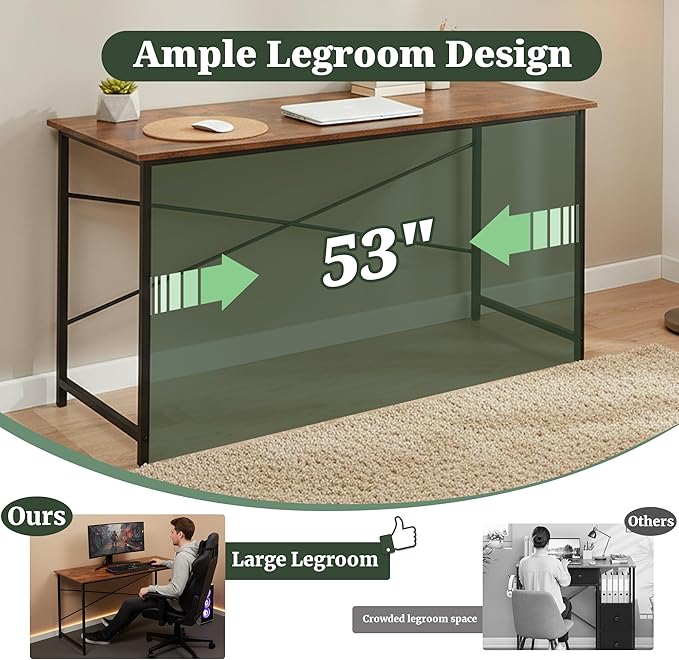 Computer Desk 55 Inch, Simple Home Office Desk Study Writing Table, Sturdy Metal Frame, Scratch-Resistant MDF Desktop for Bedroom Dorm Workspace, Brown