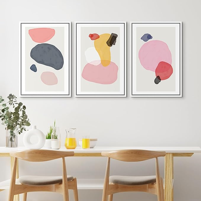 SIGNFORD Framed Wall Art Print Set Pink, Gray, Red & Yellow Transparent Blots Abstract Shapes Digital Art Modern Art Contemporary Colorful for Living Room, Bedroom, Office - 24"x36"x3 White