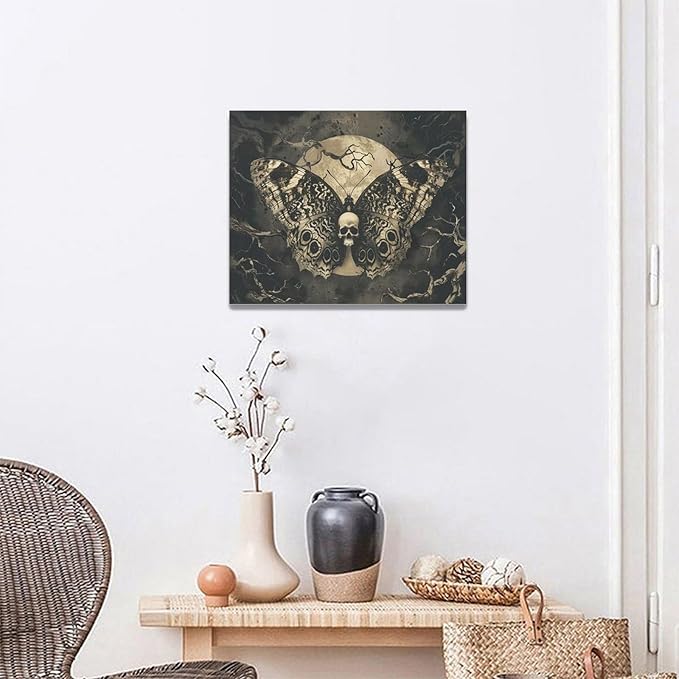 Skull Gothic Wall Art Skeleton Butterfly Dark Spooky Pictures Wall Decor Goth Horror Canvas Painting Home Modern Artwork Decorations Framed for Bathroom Living Room Bedroom Office 20x16 inch