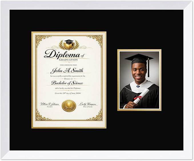 CountryArtHouse Fits 8.5 x 11 Certificate (Portrait) and 5 x 7 Photo Diploma and Photo Frame Bright White Genuine Hardwood with Black Over Metallic Gold Double mat