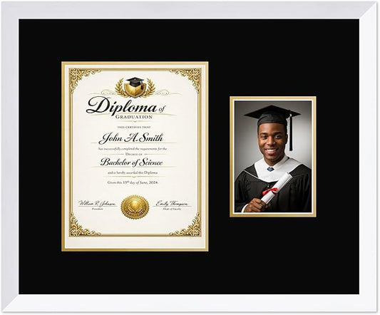 CountryArtHouse Fits 8.5 x 11 Certificate (Portrait) and 5 x 7 Photo Diploma and Photo Frame Bright White Genuine Hardwood with Black Over Metallic Gold Double mat