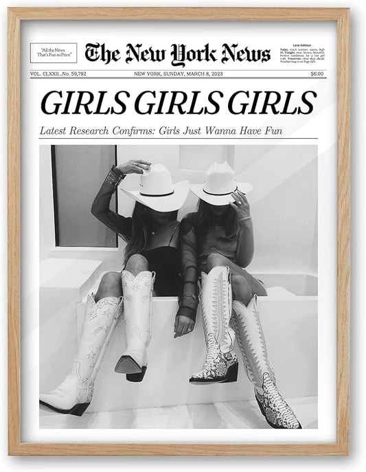 iHery Girls Just Wanna Have Fun Framed Trendy Cowgirl NewsPaper Wall Art, Large 16x20in Natural OAK Wood Black and White Canvas Wall Decor For Bedroom Dorm Living Room,Vintage Bar Car Home 1Pack