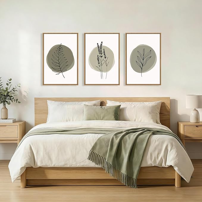 HOURIA Spring Sage Green Leaves Framed Canvas Wall Art Set,Minimalism Boho Leaf Wall Decor, Modern Nature Botanical Wall Painting,Mid Century Plant Art Prints for Living Room,Bedroom,Farmhouse-16"x24"x3