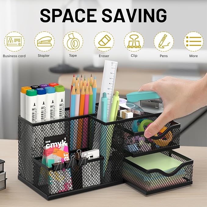 Mesh Desk Organizer, Pen Organizer with 2 Drawers and 5 Compartments, Versatile Pen Holder for Small Space, Desk Organizers and Accessories for School Office Supplies, Black