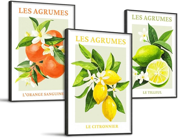 SERIMINO Fruit Botanical Wall Art for Kitchen, Lemon Prints Framed Canvas Wall Decor for Floral Dining Room Farmhouse, Watercolor Paintings Room Decor Aesthetic 3 Piece Set, 20"X28"