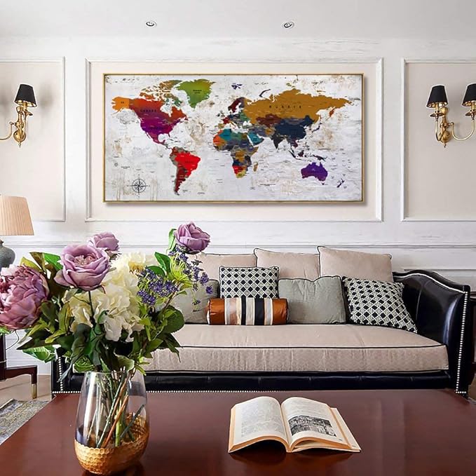 Framed wall art World Map Wall Art Canvas Picture 20inx40in Large Antiqued Map of The World Canvas Painting Artwork Prints for Office Wall Decor Home Living Room Decorations Framed Ready to Hang