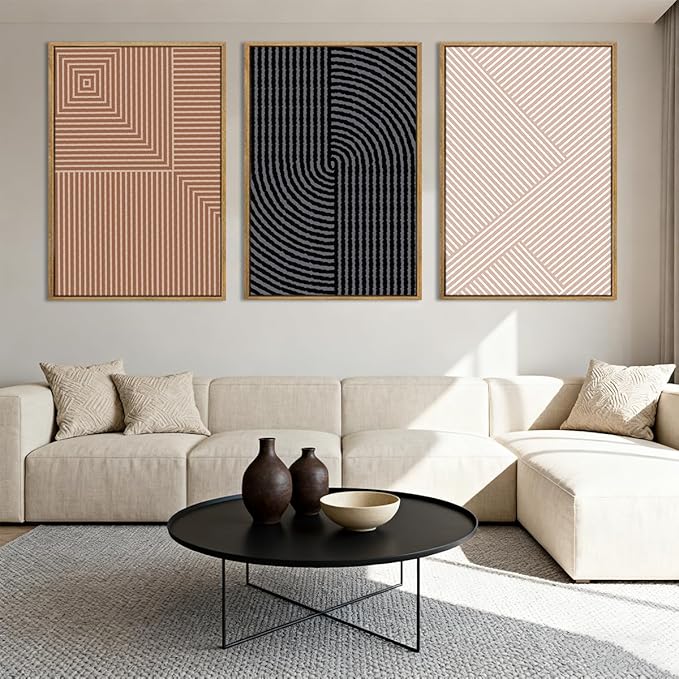 ANHUIB Neutral Abstract Modern Canvas Wall Art Set of 3 Framed Black and White Beige Wall Decor Boho Minimalist Artwork for Walls Geometric Line Painting for Living Room Bedroom Office 16x24 Inch