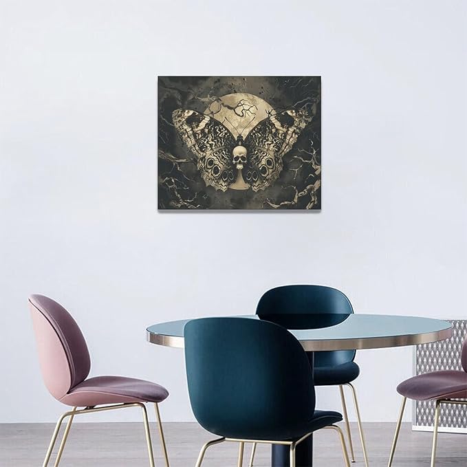 Skull Gothic Wall Art Skeleton Butterfly Dark Spooky Pictures Wall Decor Goth Horror Canvas Painting Home Modern Artwork Decorations Framed for Bathroom Living Room Bedroom Office 20x16 inch