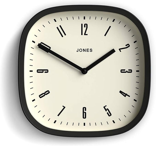 JONES CLOCKS® Marvel wall Clock | Modern Retro Rounded Square Clock | 10 inch | Black | Cool Designer Look for Kitchen, Living Room or Office