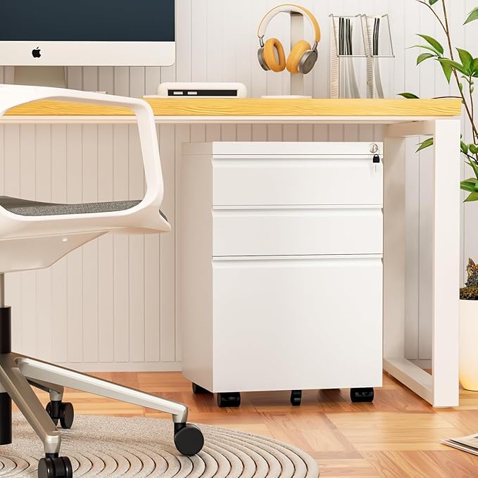 Incbruce File Cabinet with Wheels, 3 Mobile Drawer Metal File Storage Cabinet with 2 Locks, Rolling File Cabinet for Legal/Letter/A4 Size, Easy Assemble (White)