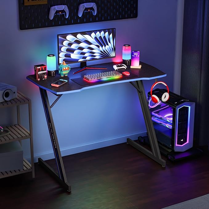 PayLessHere | 39" Gaming Table | Blue | Z-Shaped Computer Desk with Steel Frame, Headphone Hook, Adjustable Feet | Carbon Fiber Texture Surface, Sweat & Waterproof | for Gaming, Home Office