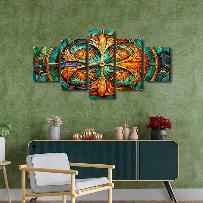 Canvas Wall Art for Men 5 Panel Abstract Art Decor Orange Blue Green Wall Art Whirling Kaleidoscope Dragons Picture Prints for Cool Girl Bedroom Decor Stretched and Framed Ready to Hang 60x32 in