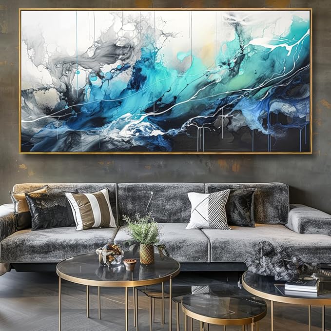 Wall Art Abstract Canvas Painting Teal Blue Modern Artwork for Living Room Bedroom Dining Room Home Office Decor 30"x60" with Framed