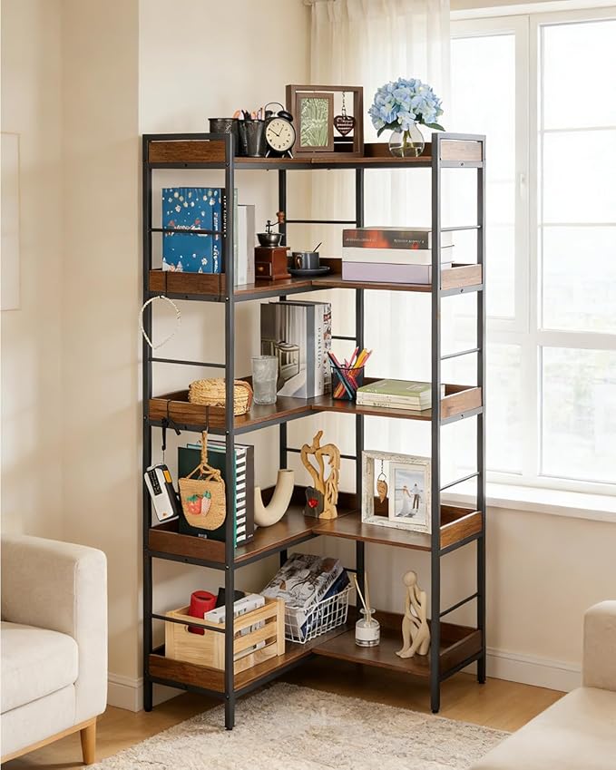 Garvee Bookshelf 5 Tier with 4 Hooks, Reversible Corner Bookshelf, 65" Industrial Wooden Bookcase with Open Shelves and Metal Frame for Living Room, Bedroom, Home Office, Rustic Brown