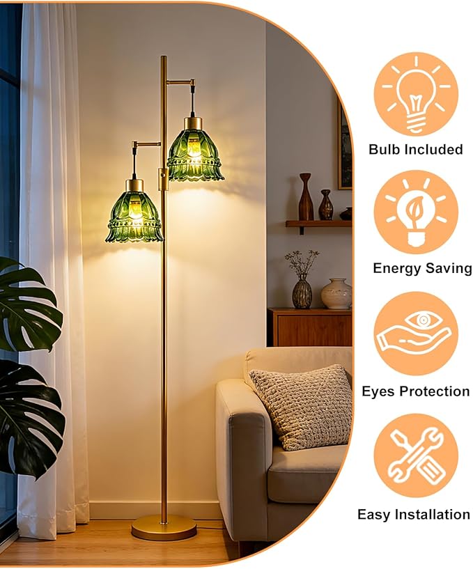 Lightdot 65IN Glass Floor Lamp for Living Room, 2- Light Gold Flower Floor Lamps with Green Glass Lampshade, 3000K Warm White Modern Standing Tall Lamp for Bedroom Corner