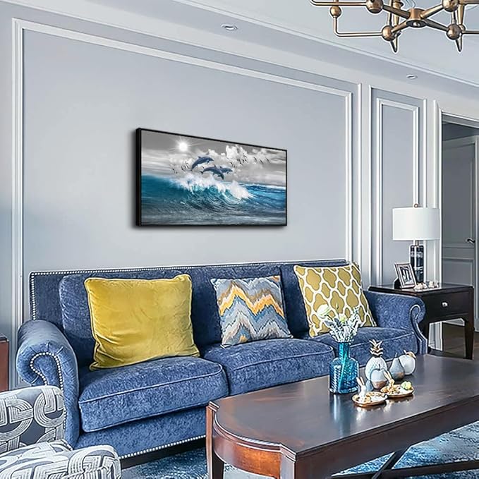 Black Framed Wall Decorations For Living Room Large Size Canvas Wall Art For Bedroom Blue Waves Of The Sea Pictures Artwork Modern Office Canvas Art Print Dolphins Wall Paintings Ready To Hang