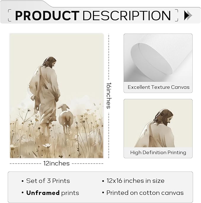 Jesus Leaves the 99 Sheep Wall Art Christian Canvas Poster Jesus and Lamb Wall Decor Religious Pictures Lost Sheep Painting God Christ Painting Artwork for Bedroom Living Room 12x16x3 Inch Unframed