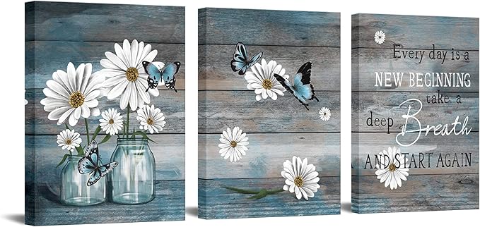 RyounoArt 3 Piece Daisy Wall Art Butterfly Inspirational Picture on Canvas for Kitchen Office Wall Decor Rustic Country Paintings Framed 12"x16" for Each