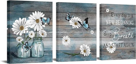 RyounoArt 3 Piece Daisy Wall Art Butterfly Inspirational Picture on Canvas for Kitchen Office Wall Decor Rustic Country Paintings Framed 12"x16" for Each