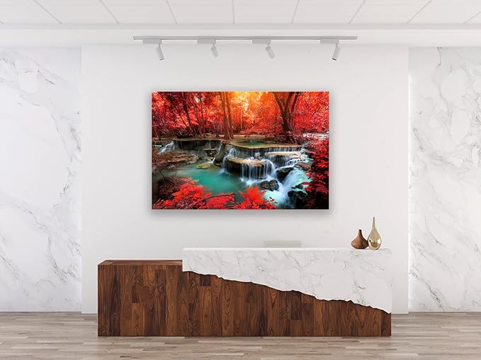 Muolunna BK03969 Wall Art Decor Canvas Print Picture Red Forest Waterfalls 1 Piece Modern Landscape Tree for Living Room Bedroom Kitchen Office Home Decorations Stretched and Framed Ready to Hang